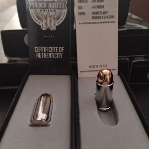 1 oz Silver Bullet Replica modeled after the Colt .45 Caliber cartridge